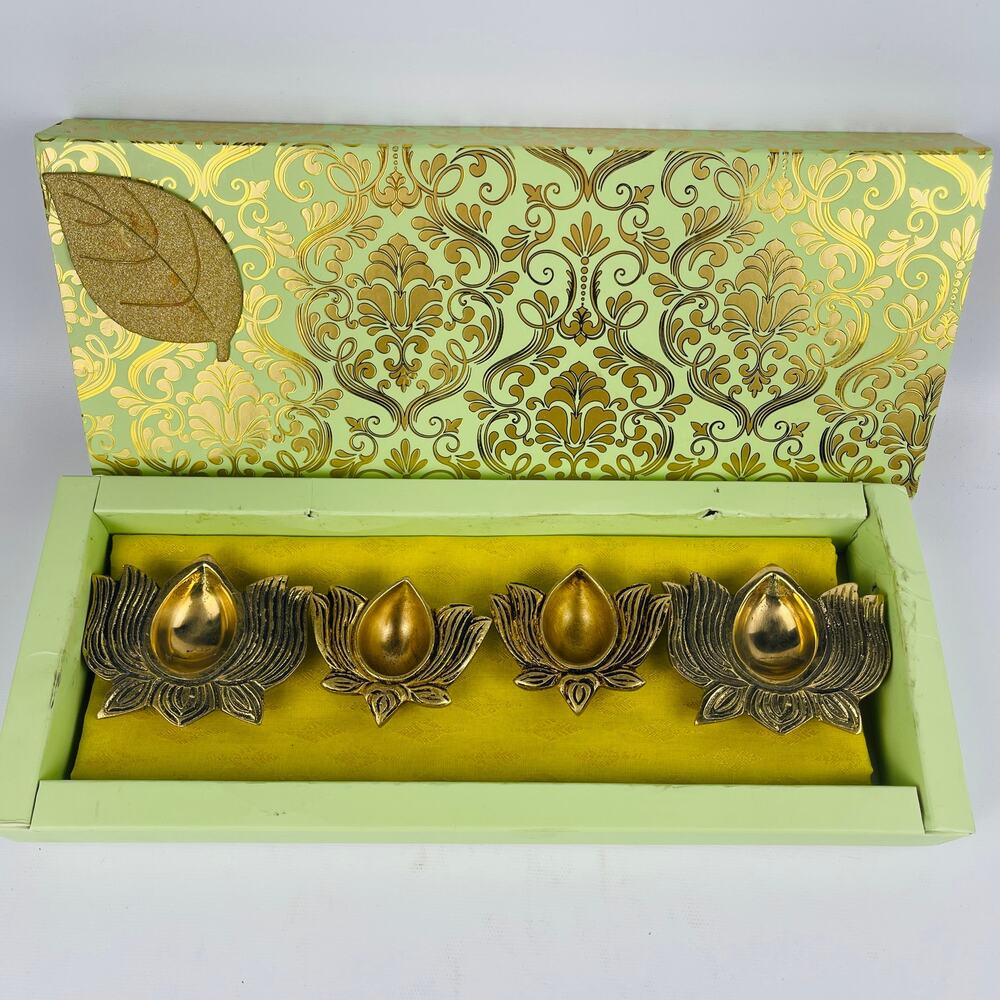 D Brasso Brass Lotus Diya Oil Lamp Set of 4; 2 Sizes